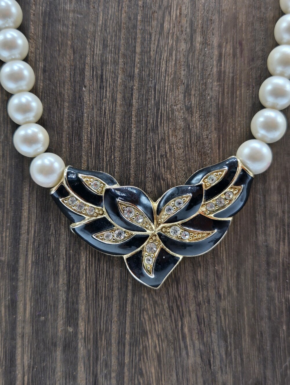 80's Black Enamel Rhinestone Faux Pearl Rhinestone Necklace Gold Tone Adjustable